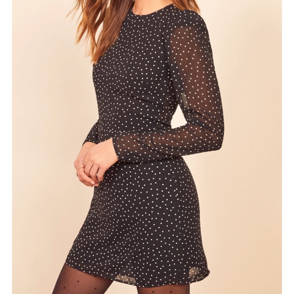 Reformation Romee Black Polka Dot Long Sleeve Dress